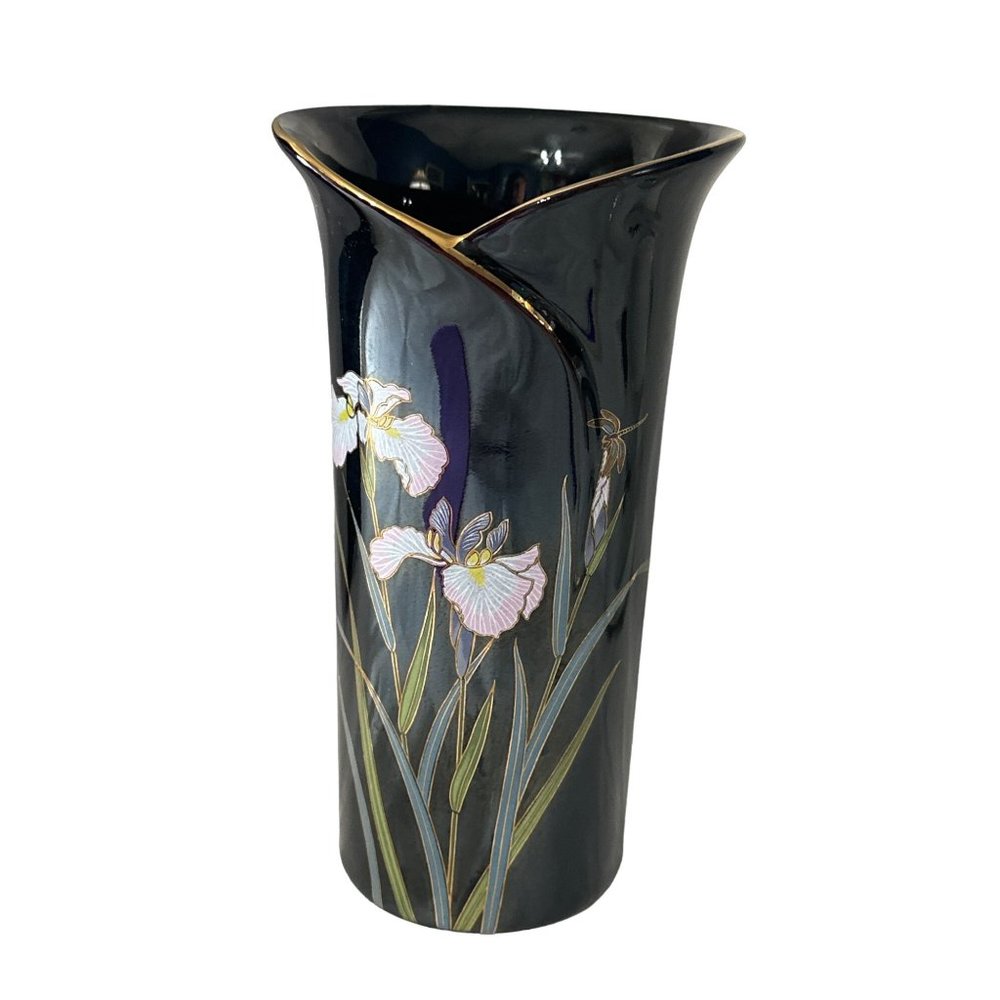 Vintage Kyoritsu Japan 7.5 inch black iris and dragonfly gold trimmed vase